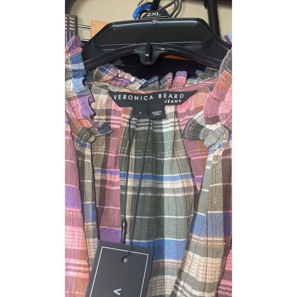Veronica Beard Women's Destiny Crinkle Plaid Dress size 4 NWT Olive/Pink V-Neck - Picture 6 of 8